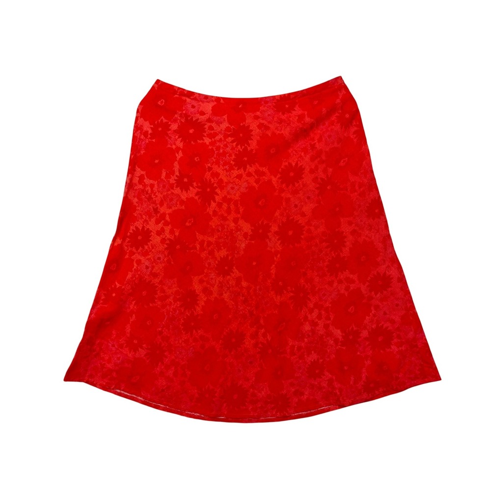 VTG Coldwater Creek Red Floral‎ Print A-Line Midi Linen Skirt M Boho Summer